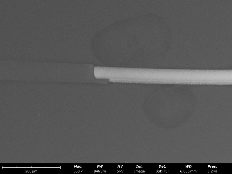 Catheter micro fine wires processed using laser wire stripping machine Odyssey-4 Odyssey-8 SEM image