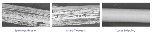 removing insulation from wires and cables using spinning abrasion, tweezers, scraping, or lasers