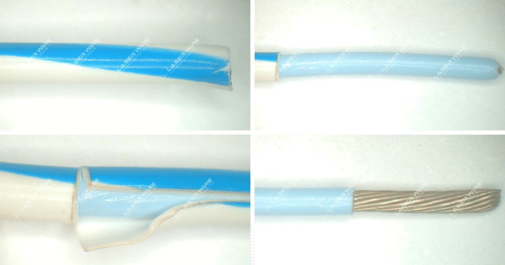 Mercury-4 Processed Sample Wire Laser Wire Stripping The customer provided a stranded wire sample in two polymer insulations, white and blue for testing. Strip requirements: strip down to blue layer. Strip length: 5 – 10 mm The wires processed quickly and efficiently using the Mercury 4 producing a clean finish. The laser cut position is set by software parameter, positional accuracy being 0.10mm The condition of the conductor metal surface and strands are completely preserved.