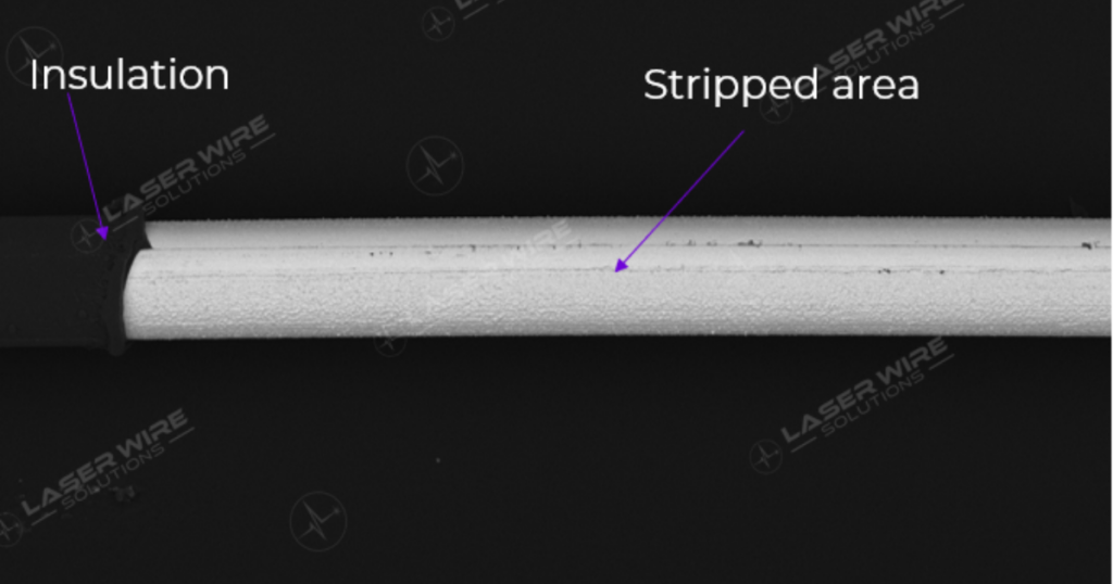 Medical wire strip zone shown under scanning electron microscope of stripped area free of residue